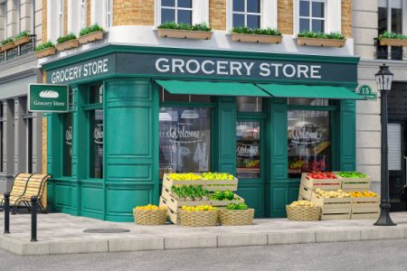 Grocery store shop in vintage style with fruit and vegetables crates on the street. 3d illustration